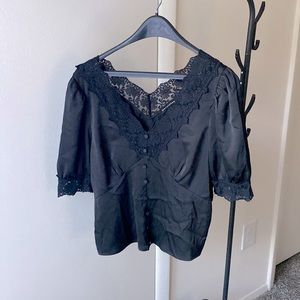 Monki (Maraislise) V Neck Puffed Sleeve Button Down Blouse